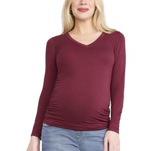 Motherhood Maternity Womens Long Sleeve V-Neck Side Ruched Tee Shirt (Large, Tawny Port)