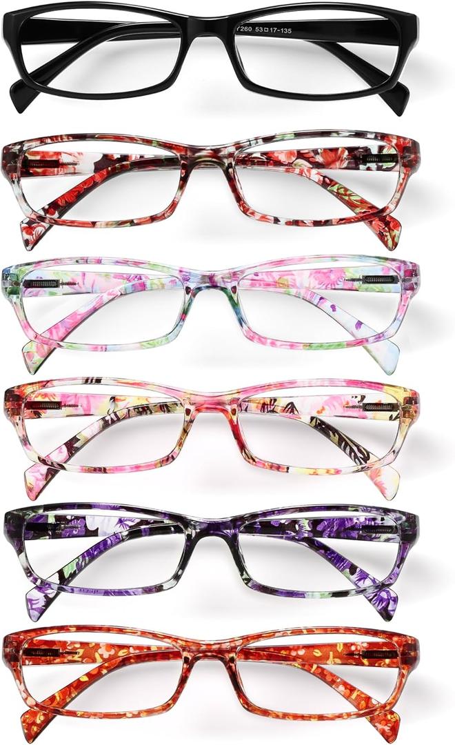 Gaoye Reading Glasses for Women, 6 pack Fashion Readers for Women Men Spring Hinge Eye Glasses, Blue Light Reading Glasses (Yellow Floral, Pink Floral, Purple Floral, Green Floral, Brown-green Small Floral, Black), Magnification Strength: 3.00x 