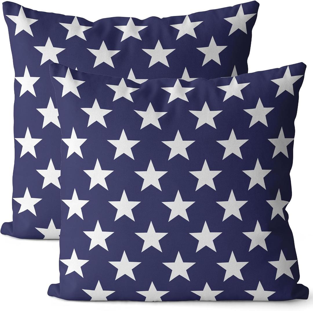 Patriotic Throw Pillow Covers Set of 2 16x16 Blue Stars Outdoor Waterproof Pillowcase American Memorial Independence Day Pillow Cases Linen Farmhouse for Sofa Couch Bed (16" x 16", Blue)