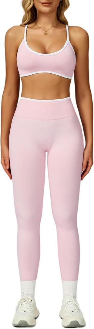 ABOCIW Womens 2 Piece Workout Sets Seamless Color Block Sports Bra Scrunch Butt Lifting High Waist Leggings Gym Set (S)