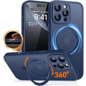 CANSHN 360° Spin Magnetic Stand for iPhone 16 Pro Max Case with Camera Control [Full Camera Protection] [Compatible with Magsafe] Translucent Matte Shockproof Protective Phone Cover 6.9" - Deep Blue