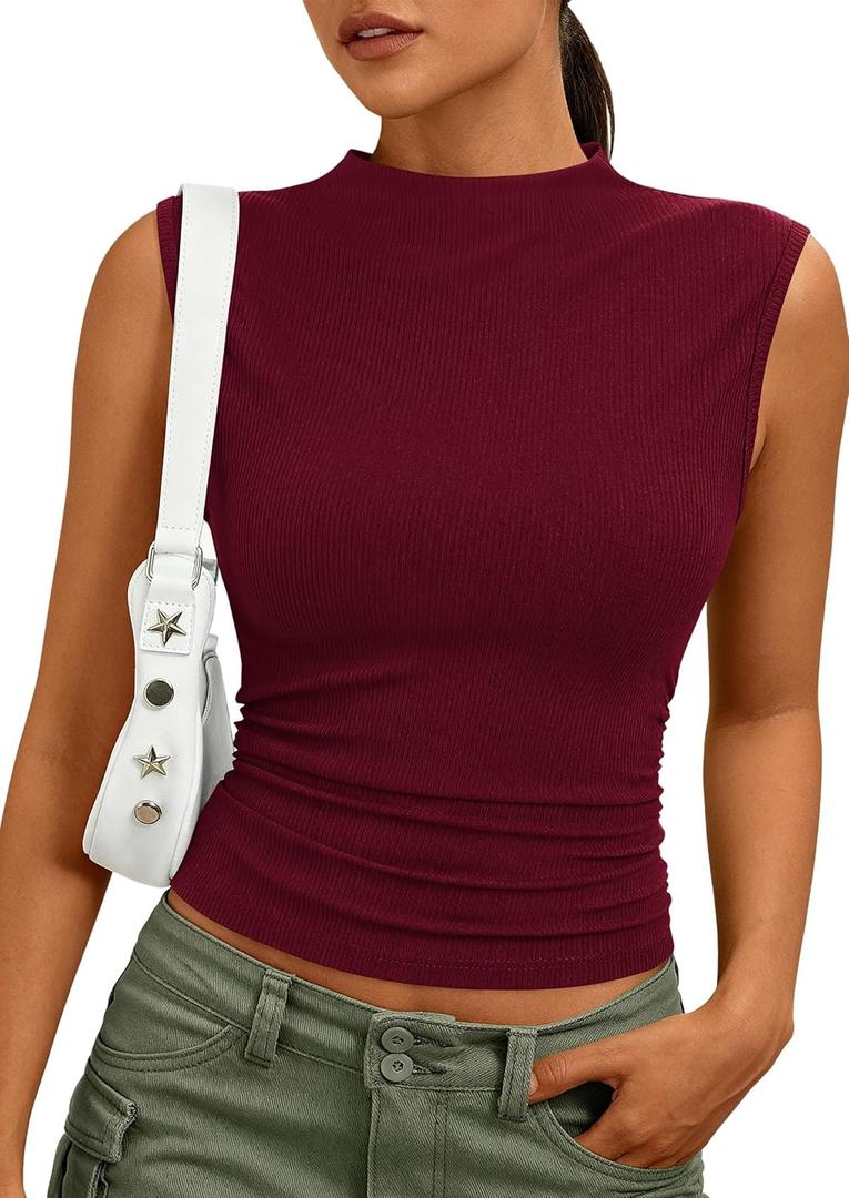 PRETTYGARDEN Sleeveless Tops for Women Ribbed Mock Neck Tank Top Slim Fitted Ruched Basic Layering Shirts 2026 Summer Clothes (Red, XL)