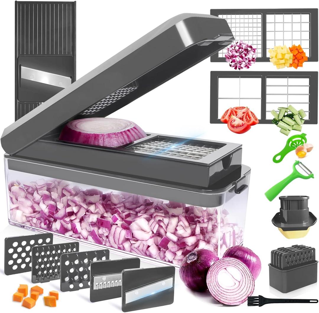 Vegetable Chopper, Onion Chopper Dicer, Mandoline Slicer, Food Chopper with Container, Vegetable Cutter for Salad Potato Carrot Garlic9 Blades, Grey (Gray)