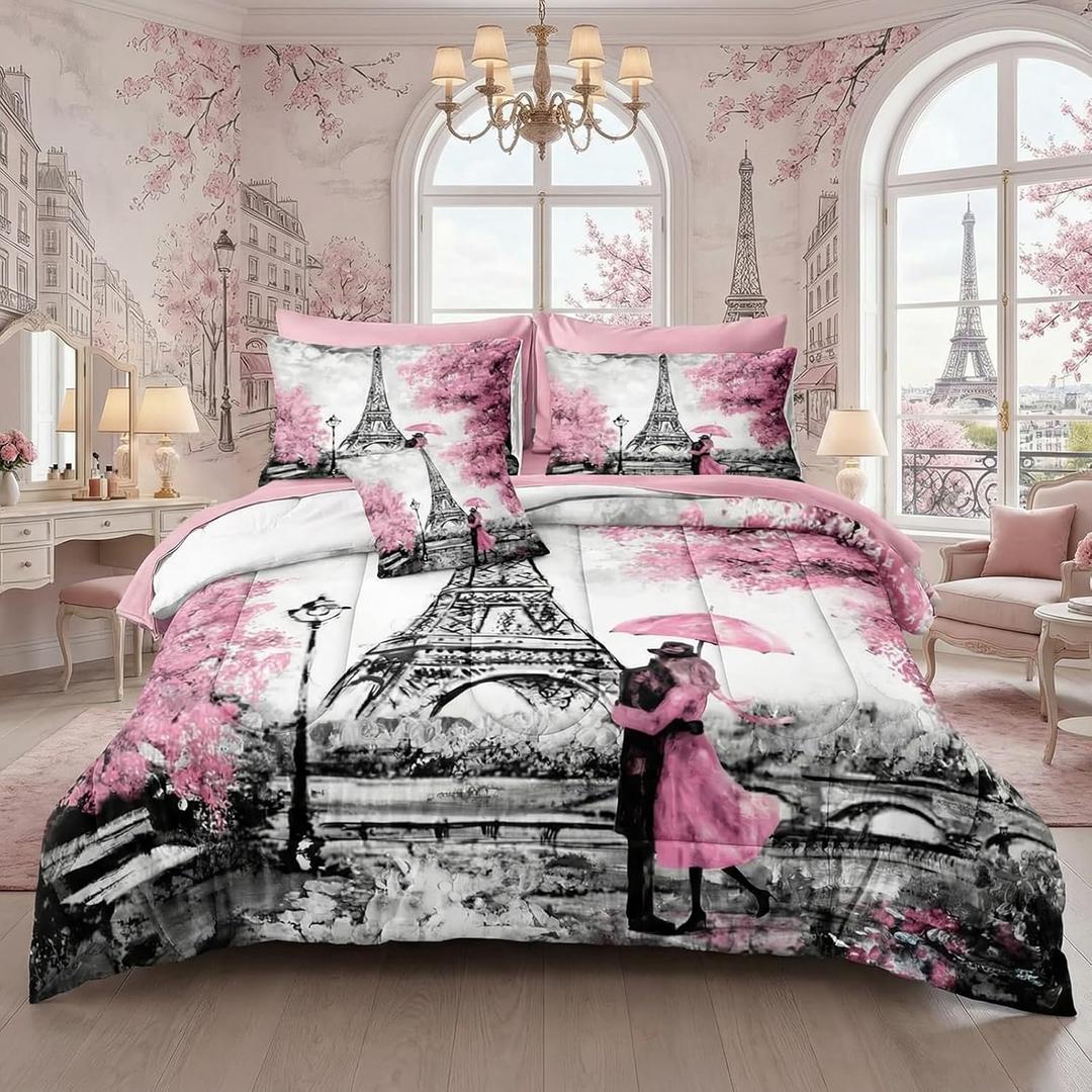 Bedbay Eiffel Tower Couple Bedding Comforter Set Bed in a Bag Queen Pink Paris Bed Set Girls Teen Women Bedroom Decor Aesthetic Soft Lightweight Comforter Queen Size 8 Pcs Down Alternative Duvet