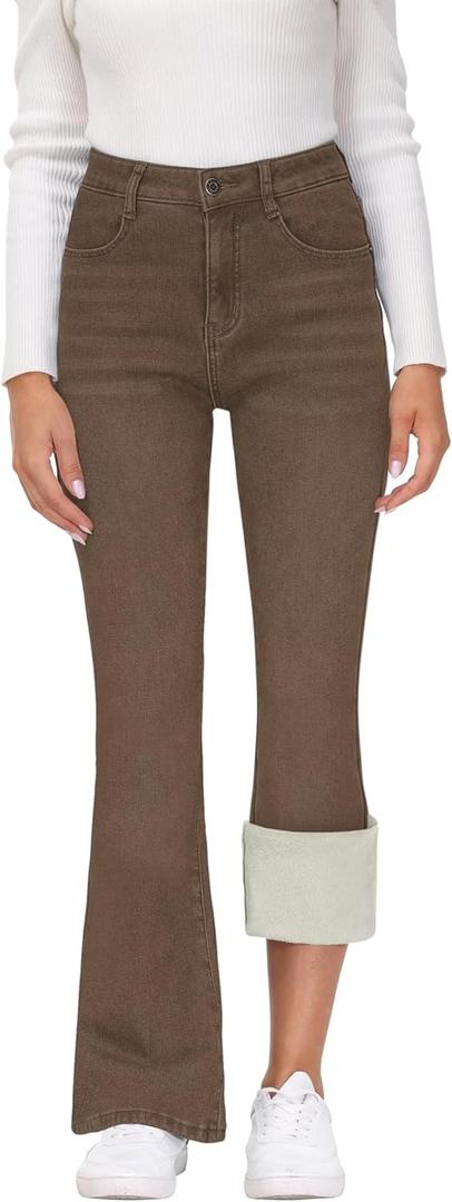 KDF Women's Fleece Lined Jeans Thermal Fleece High Waisted Bell Bottom Jeans Winter Warm Fleece Pants 2,Brown