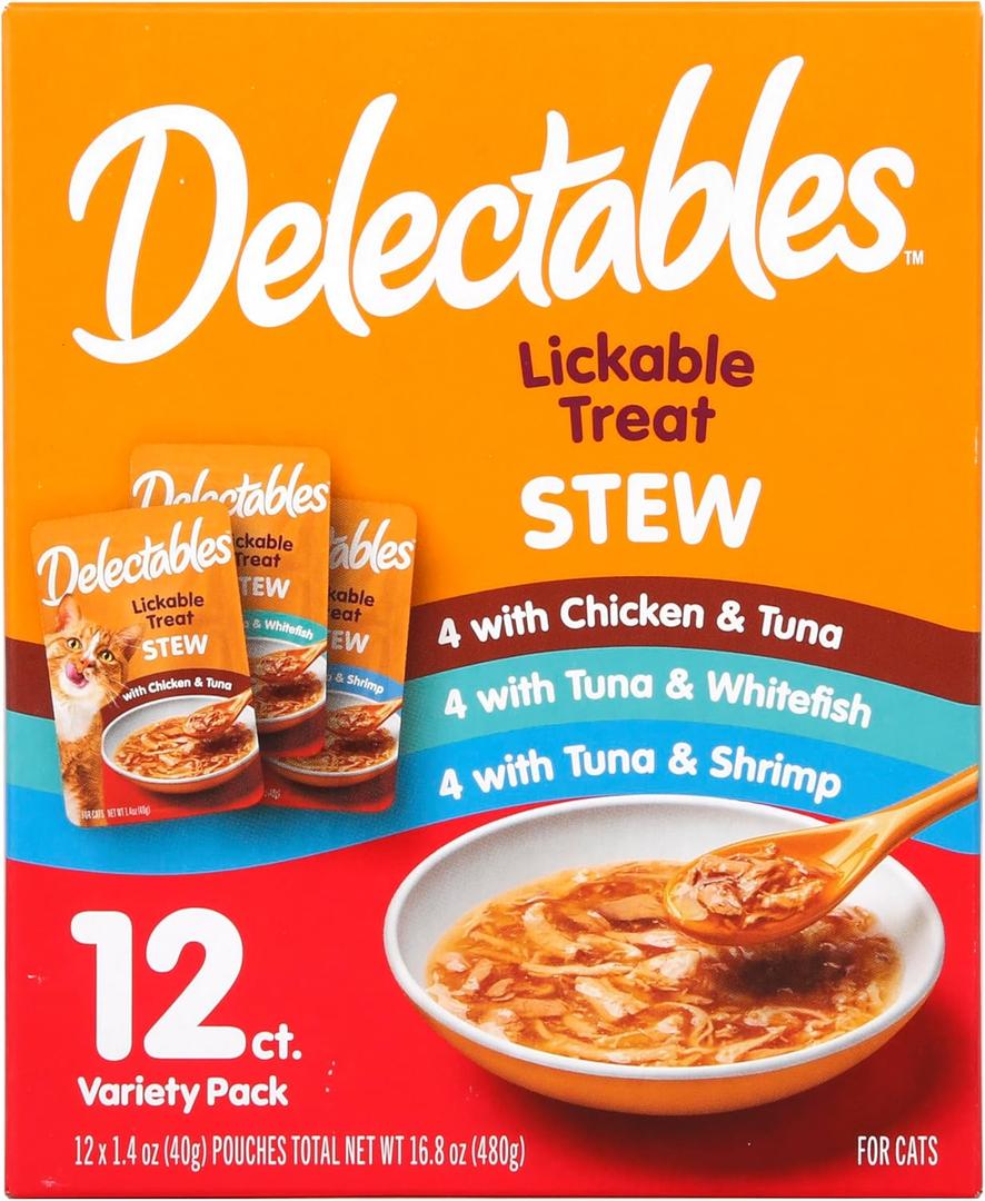 Delectables Lickable Treat Stew Wet Cat Treat Variety Pack, Food Topper, Hydrating, Grain-Free, No Fillers, No By-Products, No Added Preservatives, 1.4oz Pouch, 12ct, BBD: JAN 15/2027