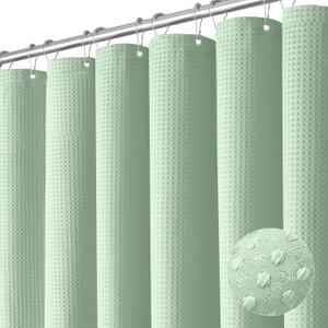 Dynamene Mint Green Fabric Shower Curtain - Waffle Weave Textured Heavy Duty Cloth Shower Curtains for Bathroom, 256GSM Hotel Luxury Weighted Bath Curtain Set with 12 Hooks,72x72, Mint Green
