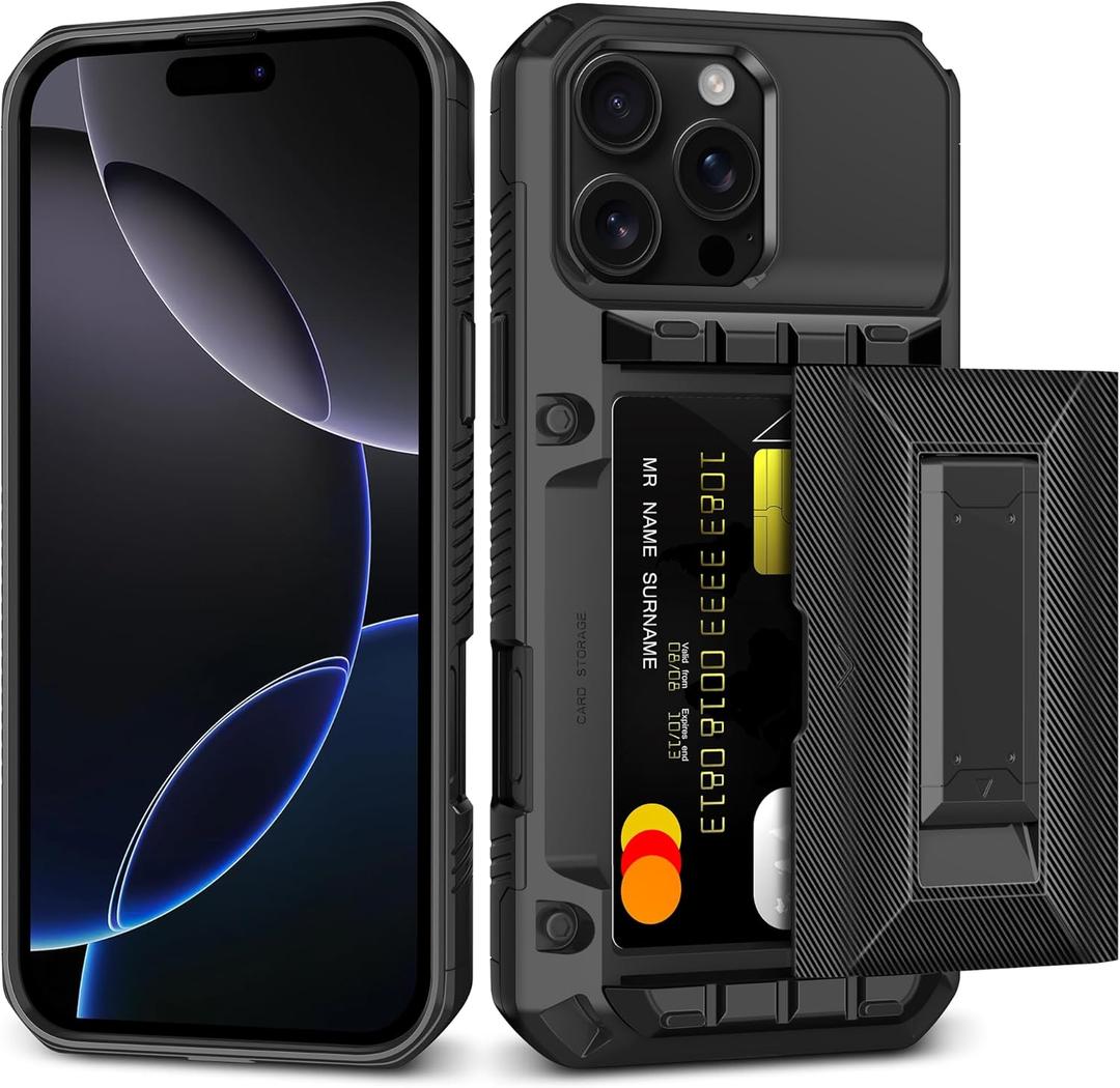 For iPhone 16 Pro Case Wallet with Card Holder [4 Cards] & Stand & Military-Grade Protection Heavy Duty Shockproof Hidden Card Slot Wallet Phone Case for iPhone 16 Pro for Women Men, Black