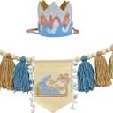 The Big One Surfing 1st Birthday High Chair Banner with Crown Hat for Surf Wave Ocean Themed Baby Boy First Birthday Party Decorations(Blue big one)