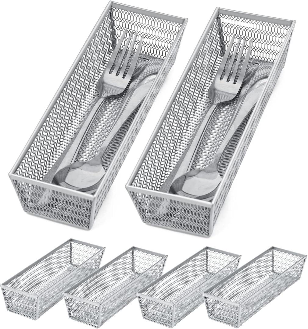 Silverware Organizer,Mesh Drawer Organizer for KitchenMetal Utensil Organizer for Flatware, Knives, Spoons,Cosmetic (Silver 9 * 3 * 2 inch Pack6)