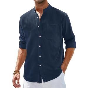 Alimens & Gentle Men's Cotton Linen Shirts Long Sleeve Button Down Shirt Band Collar Beach Shirts (Medium, Navy Blue)