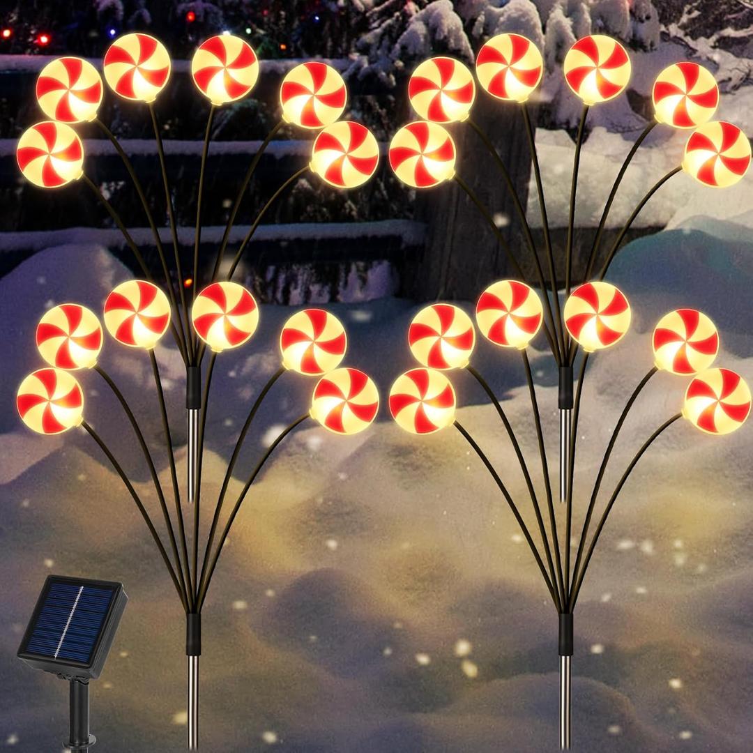 Set of 4 Lollipop Solar Christmas Decorations, 8 Modes Swaying Garden Lights, Outdoor Pathway Solar Christmas Stake Lights, Upgraded Base on Firefly Light for Lawn Decor, Warm White