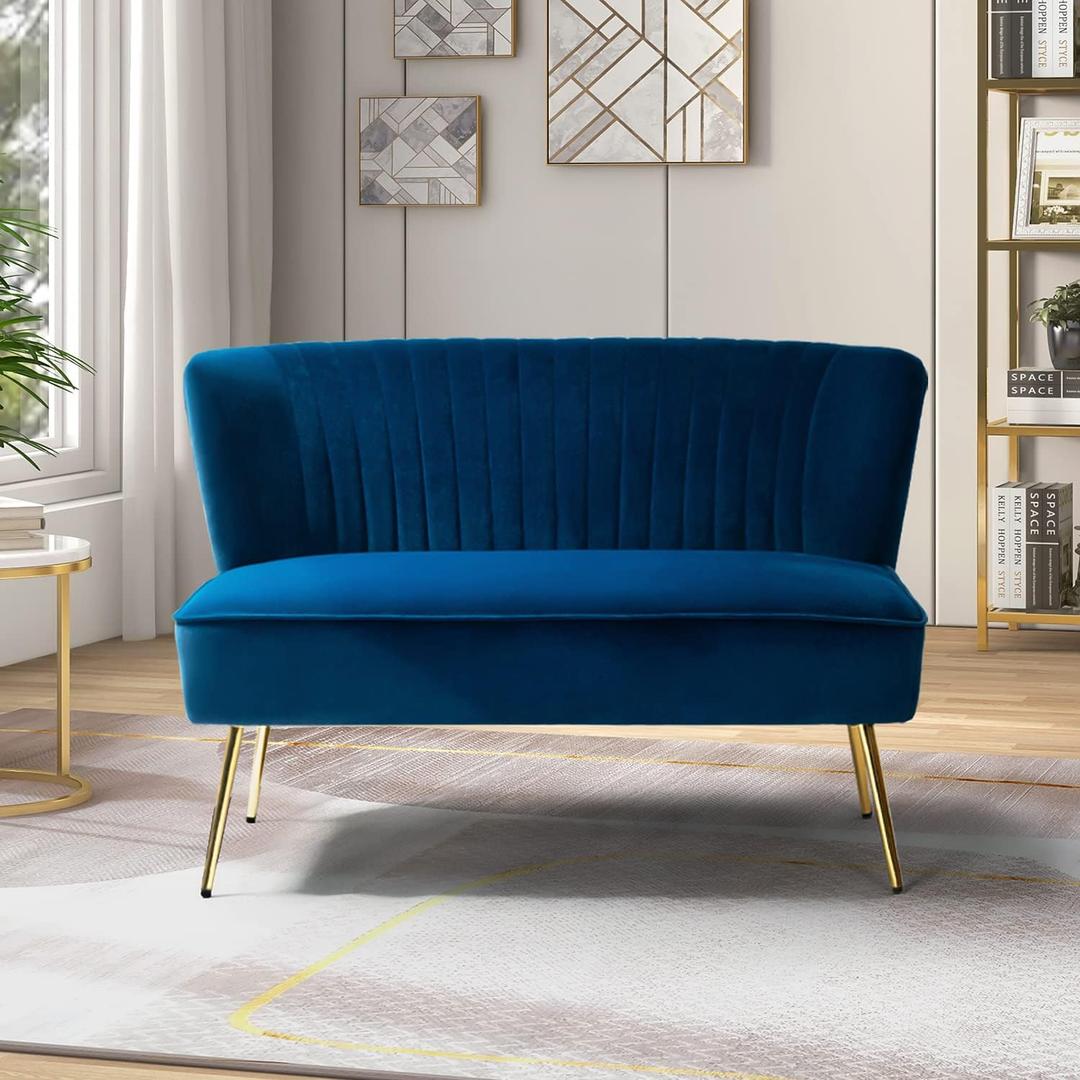 TINA'S HOME Contemporary Velvet Loveseat Sofa, Upholstered Loveseat Couch with Golden Metal Legs, Small Tufted 2-Seat Sofa Armless Love Seat for Living Room, Bedroom, Apartment Small Spaces, Navy