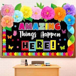 Fullhawl 3D Amazing Things Happen Here Bulletin Board Decorations Flower Classroom Themes Decor Sets Welcome Back to School Inspirational Colorful Rainbow Bulletin Board Cutout Letter Border (Floral)