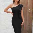 Women's One Shoulder Ruffle Bodycon Dress Elegant Cocktail Party Slit Midi Dresses (Black)