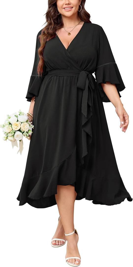 SCOMCHIC Womens Plus Size Wedding Guest Dress Fall 3/4 Sleeve Wrap V Neck High Low Ruffle Hem Maxi Cocktail Formal Dresses (X-Large Plus, Black)