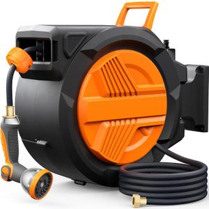Retractable Garden Hose Reel 1/2 x 100ft, Auto Rewind Hose Reels for Outside, Heavy-Duty Wall-Mounted Outdoor Hose, 10-Mode Nozzle, Adjustable Length, 180 Rotation for Watering, Car Washing