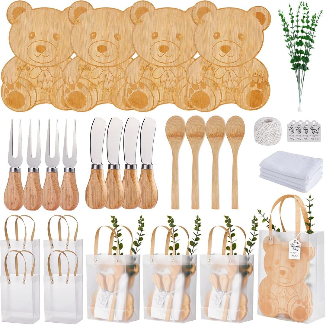 Baby Shower Prizes for Game Winners Bear Shaped Cheese Board Gift with Spoons Butter Spreaders Gift Bags Kitchen Towels Bridal Shower Party Favors for Guests (Bear Shaped, 4 Sets)