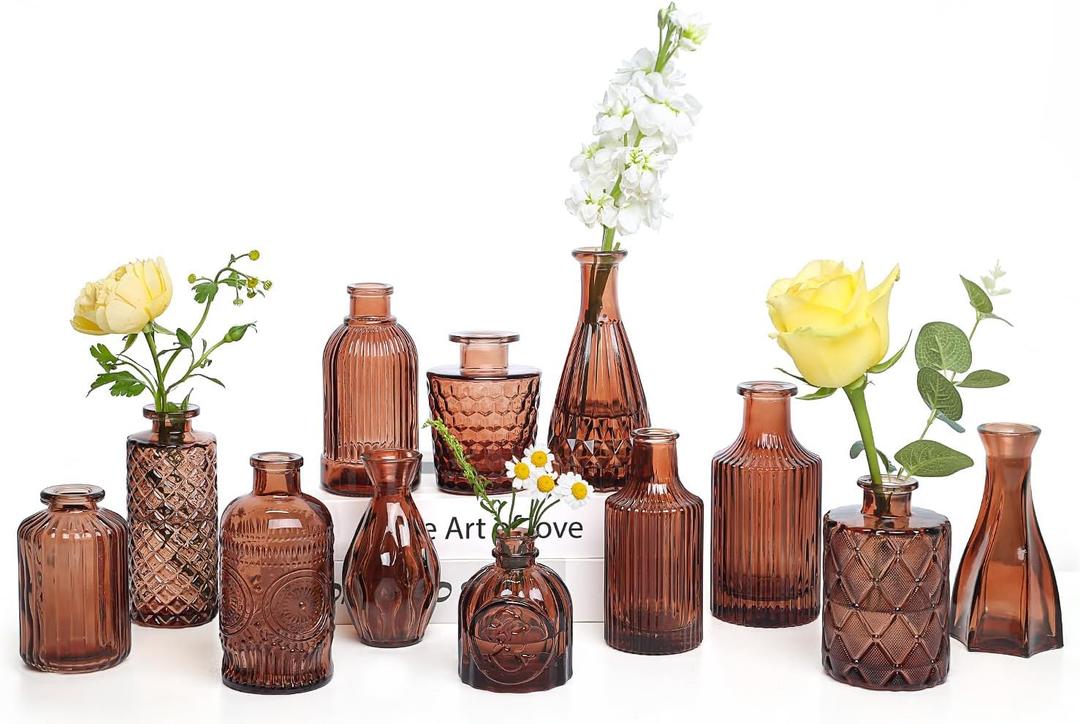 TBWIND 12-Piece Glass Bud Vase Set  Small Caramel Coffee Brown Etched Glass Vases with Unique Shapes and Weighted Base for Windowsills, Bathrooms, and Table Centerpiece Dcor