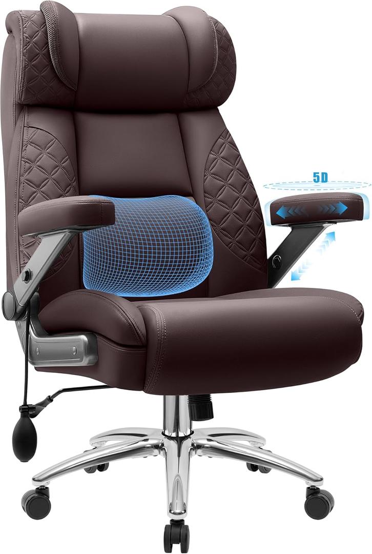 Office Desk Chair, Big and Tall Executive Office Computer Chair, Extra Wide 500LBS Heavy Duty Office Chair, High Back Ergonomic Office Gaming Chair with Adjustable Lumbar Support & 5D Flip Arms (Coffee)