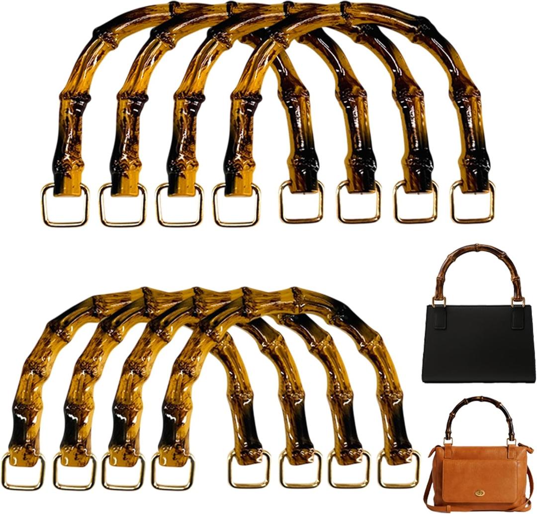 8PCS U-Shaped Imitation Bamboo Bag Handles Bag Making 2 Sizes Brown | Replacement Resin Handbag Handles with Gold Buckle, Clutch Purse DIY, Straw Woven Rattan Tote Bag Making Decorations
