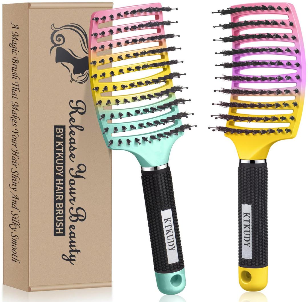 KTKUDY Detangling Brush Getting Knots Out without Pain - Boar Bristles HairBrush Make Hair Shiny & Healthier Vented Detangler Brush for Women Men Kids Wet and Dry Hair (Rainbow & Yellow-Purple)