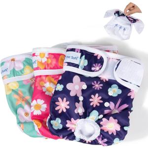Pet Soft Washable Female Diapers (3 Pack) Female Dog Diapers, Comfort Reusable Doggy Diaper for Girl Dog in Period Heat (Cute Flower, M)
