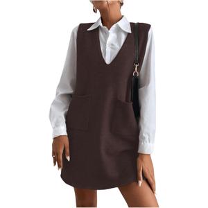 OYOANGLE Women's V Neck Sleeveless Knitted Solid Short Sweater Dress with Pockets (Deep Brown, Small)