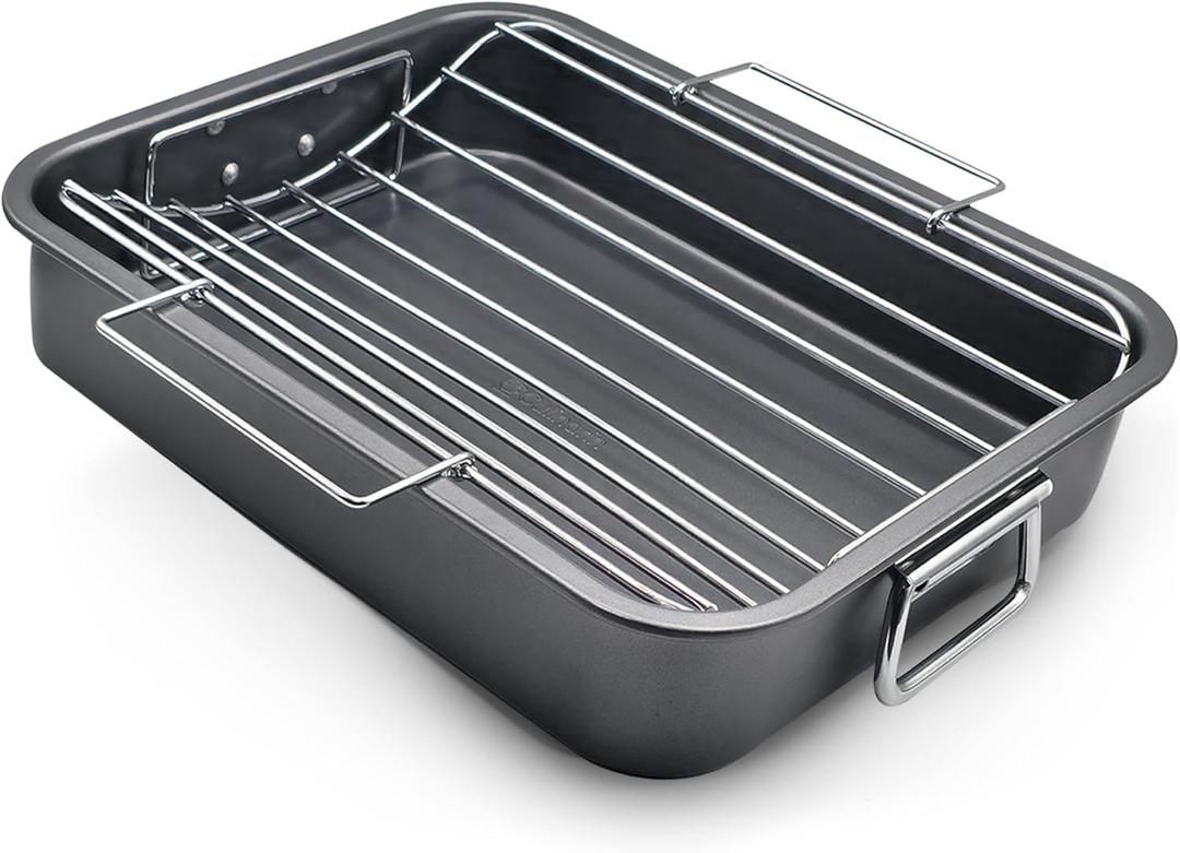 Roasting Pan With Rack 11" x 15" - Non Stick Large Roaster Pan and V-rack with foldable handles - Roasting Pans for Ovens to Elevate Food for Even Heating - Dishwasher Safe Turkey Roast Pot