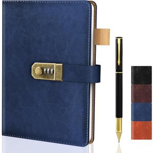Diary with Lock for Men and Women, A5 Vintage Leather Journal with Lock for Boy and Girl, 200 Pages Refillable Lined Password Notebook with Pen for Personal Daily Writing Travel Navy Blue