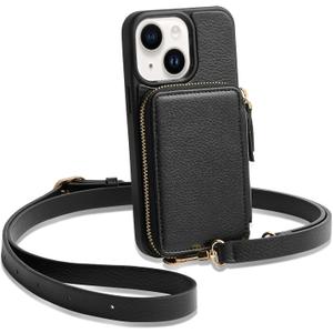ZVE for iPhone 13 Wallet Case Crossbody for Women, iPhone 13 Zipper Phone Case with RFID Blocking Card Holder Wrist Strap Purse for iPhone 13(6.1 inch)- Black