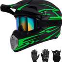 Youth Kids Motocross Helmet DOT Approved, Adult ATV Dirt Bike Off-Road Full Face Motorcycle Helmet with Goggles Gloves Mask for Boys Girls,Lightweight Breathable for Riding (Green, Medium)
