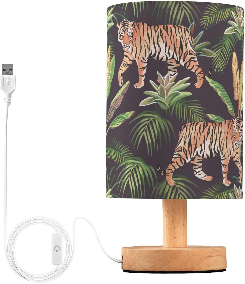 SPRIPORT Jungle Tigers Bedside Table Lamp for Bedroom Nightstand Lamp with Wood Base & Round Flaxen Fabric Shade Desk Reading Lamp for Living Room Home Office Dorm Working Reading