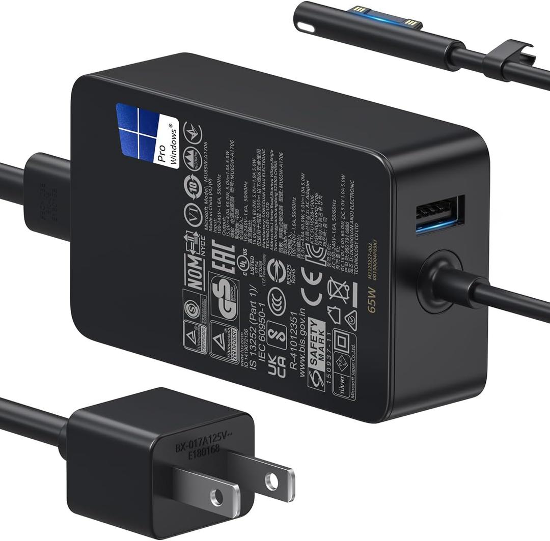 Microsoft Surface Charger 65W Surface Pro Laptop Charger Pro 11,10,9,8,7,7+6,5,4,3,X, Windows Surface Laptop 7,6,5,4,3,2,1,Studio i5, Surface Go 1,2,3,4, Tablet, Surface Book 3,2,1,LED, 10FT