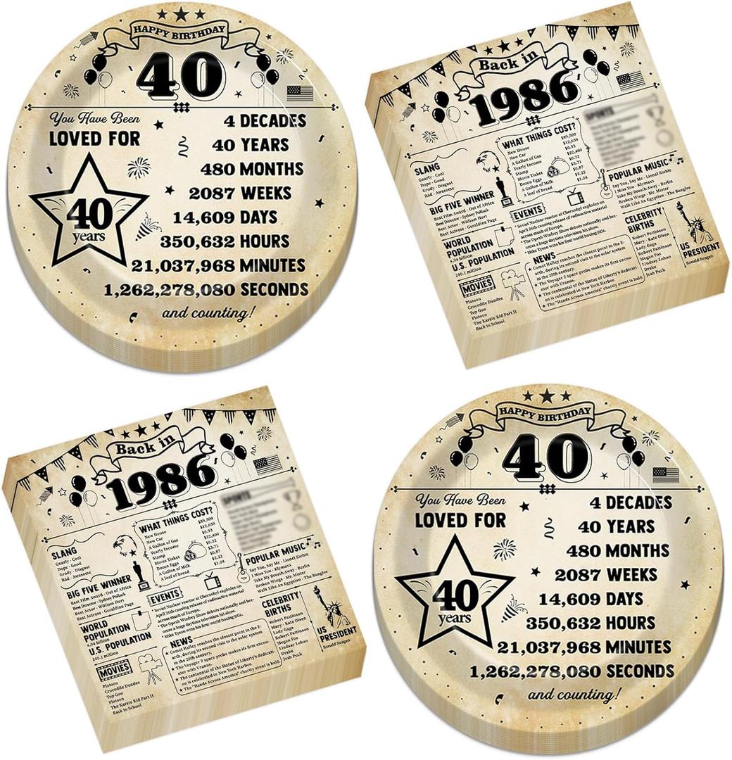 CHUNNIN 50pcs 40th Birthday Plates and Napkins 40 Year Old Birthday Party Decorations Vintage Back in 1986 Dessert Plates Vintage 1986 40th Theme Disposable Tableware Set for Men Women Party Supplies