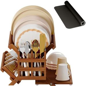 Greenual Teak Dish Drying Rack with Utensil Holder, 3 Tier Collapsible Dish Rack, Wooden Dish Racks for Kitchen Counter, Large Folding Drying Holder with Absorbent Dish Drying Mat