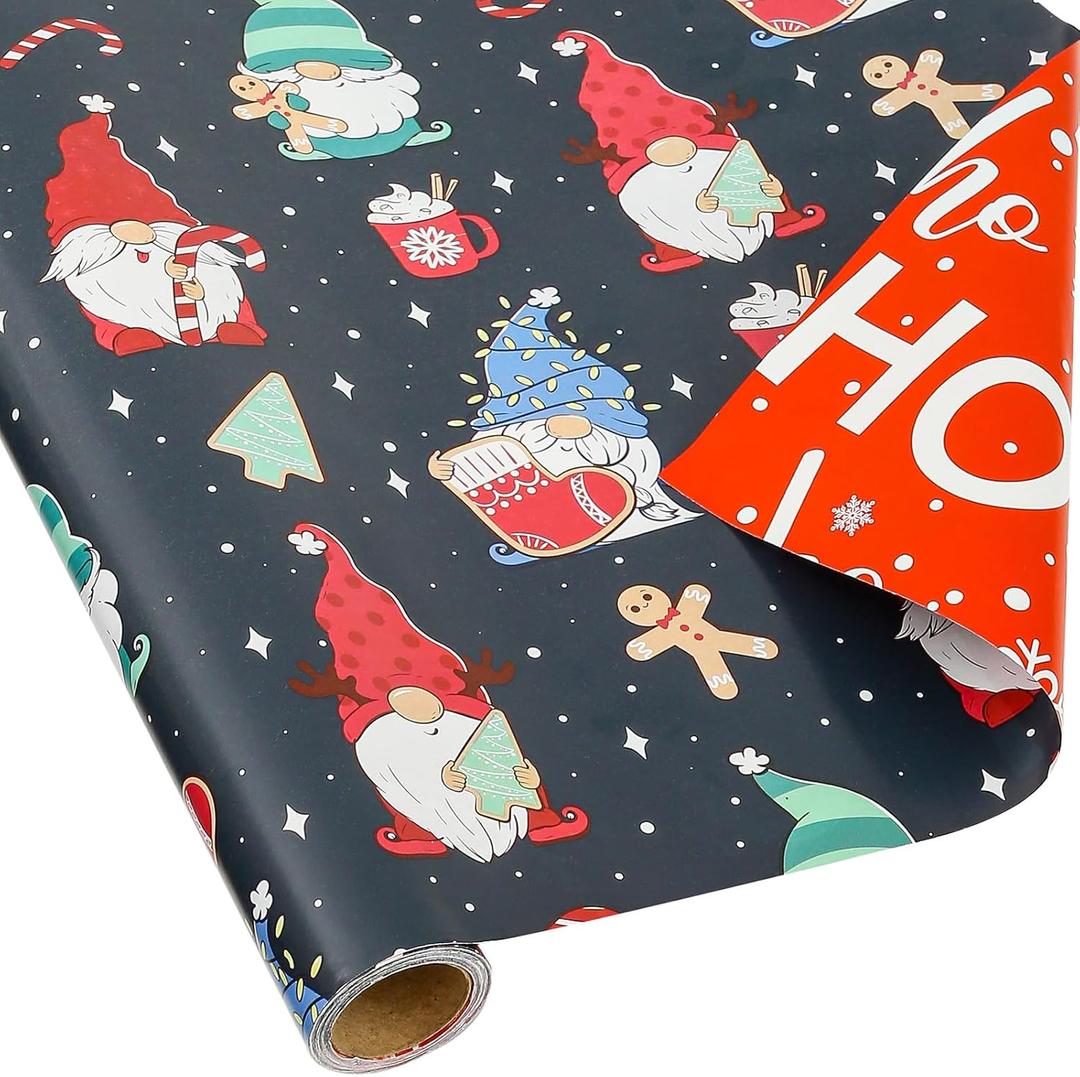 2 x CAMKUZON Reversible Christmas Wrapping Paper Roll for Kids Baby - Funny Gnome in Black, HO HO HO & Snowflake Christmas Tree in Red - Cartoon Holiday Gift Wrap Paper, 17.7 Inch