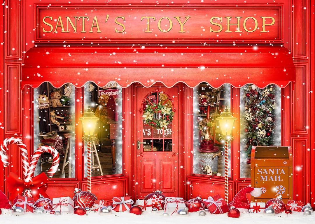 DePhoto 12X8FT Red Christmas Photo Backdrop Santa's Toy Shop Candy Cane in Snow World Xmas Family Holiday Party Banner Photography Background Supplies Decor Studio Prop