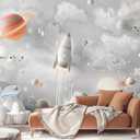 YQWDMX - Grey Cartoon Planet Nursery Wallpaper Mural Mural48 M 140" Wx102 H(Not Peel and Stick)