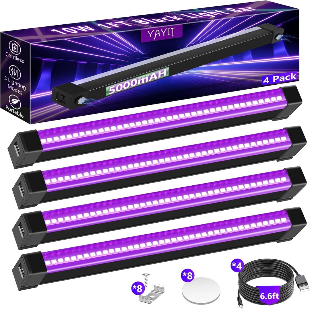 Rechargeable Black Lights, Portable LED Blacklight for Glow Party, 10W Dimmable Black Light Bar for Halloween, Poster, Decor, 5000mAh Battery Powered, 4 Pack