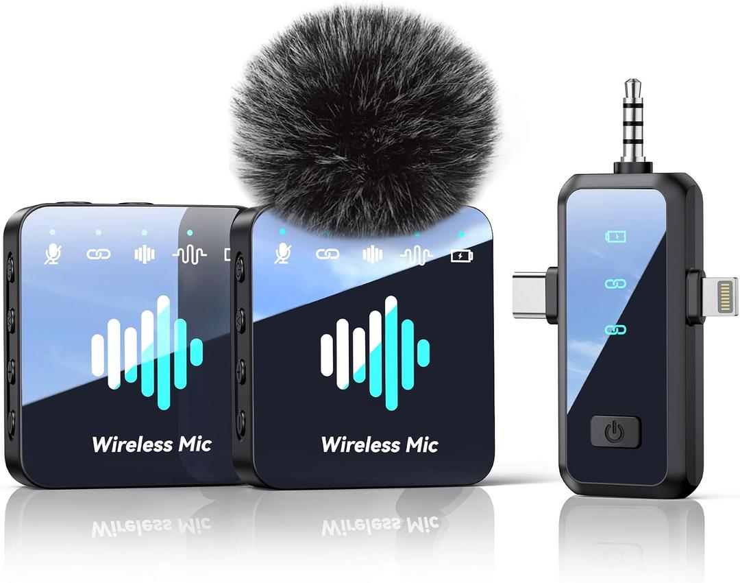 MENERESAS Wireless Lavalier Microphone for iPhone: Mini Microphone Noise Reduction - 328ft Transmission & 20H Battery Life for Video Recording, 3-in-1 Universal Camera & Android, Deep Grey