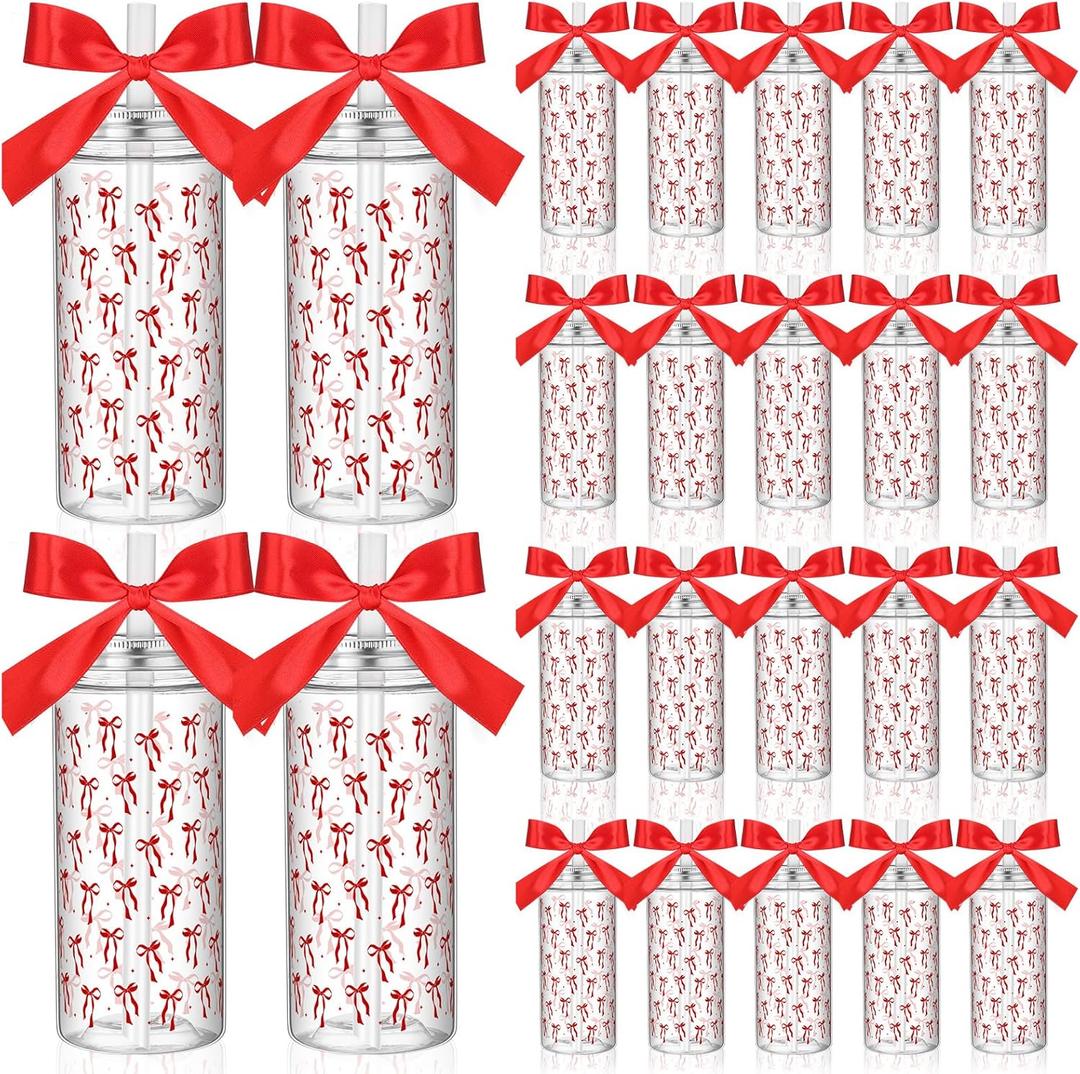 24 Pcs Red Bow Party Favors Red Bow Plastic Cups Coquette Aesthetic Cup with Lids and Straws 14 oz Reusable Cute Plastic Water Bottle with Ribbon for Birthday Bridal Wedding Party Supplies