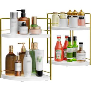 2 Pack Bathroom Counter Organizer, 2 Tier Corner Bathroom Counter Organizer Wooden Vanity Organizers for Bathroom Organizers and Kitchen Storage Dresser Decoration