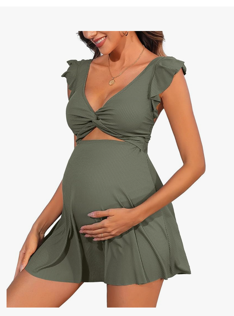 Charmo Ruffle Ribbed Maternity Swimsuit One Piece Cutout Pregnancy Bathing Suits Push Up Twisted Swimwear Swim Dress, L, Light Green