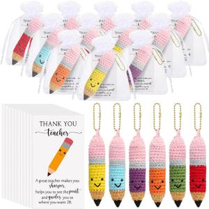 Poen 12 Sets Employee Appreciation Gifts Crochet Knitted Pencils Thank You Greeting Card Set 6 Colors Pencil Sign with Drawstring Organza Bags for Coworker Office End of Year Teacher Gifts Option