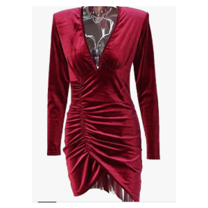 Women's Sexy Long Sleeve Velvet Ruched Dress V Neck Cocktail Party Evening Club Maxi Dress Fall Wedding Guest Dresses,2XL