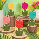 5 Pcs Retro Spring Tulip Wooden Table Sign Rustic Farmhouse Tulip Tabletop Centerpiece Colorful Flower Blocks Tiered Tray Decoration for Home Party Office Mantel Decor