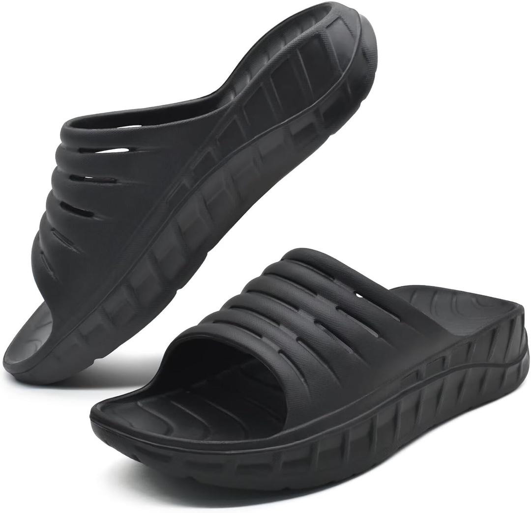 GPOS Mens Sport Recovery Sandals Plantar Fasciitis Thick Cushion Slides Sandals Lightweight Comfort Orthotic Slippers (13, Allblack)