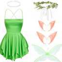 Foaincore 6 Pcs Halloween Fairy Costume Women's Dress Rhinestone Necklace Garland Headband Elf Ears Wings Role Play (Medium)