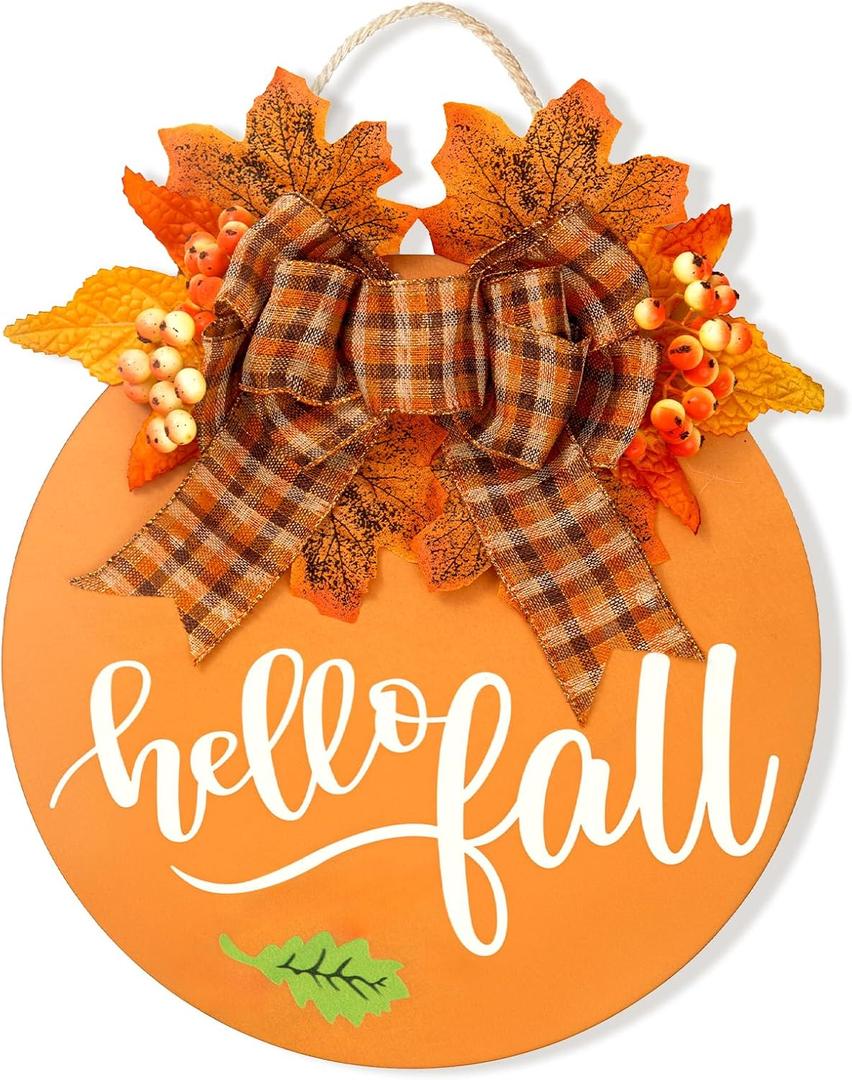 Hello Fall Wreath for Front Door, 12 Inch Fall Door Sign with Bow, Maple Leaves and Berries, Rustic Fall Decor for Porch, Wall, Thanksgiving & Harvest Season